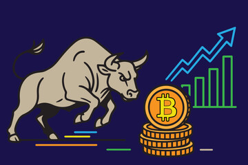 Colorful vector illustration of a bullish cryptocurrency market trend, featuring upward arrows, blockchain symbols, and global financial growth elements in vibrant design.