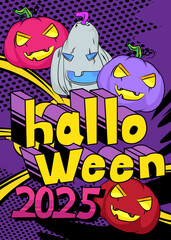Modern creative pop art vibrant comic book style Halloween 2025 text. Cartoon design Holiday Celebration invitation, poster.