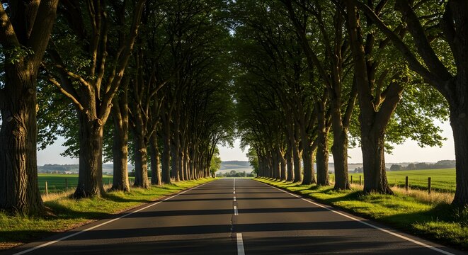 Scenic Tree-Lined Road at Sunset - Powered by Adobe