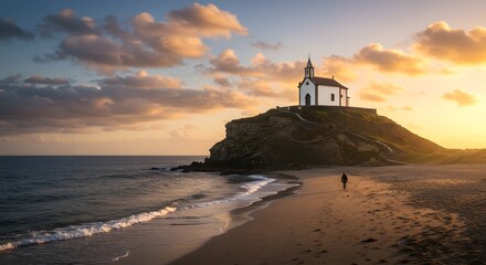 Serene Chapel on Cliff Overlooking Ocean at Golden Hour Sunset