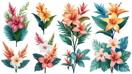 Obraz premium Colorful Tropical Flowers Vector – Beautiful Flower Illustration Vectors Highlighting Bright Petal Textures, Energetic Color Harmony, and Exotic Botanical Charm for Creative Artwork.