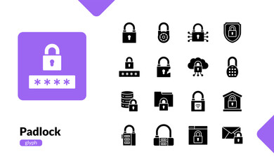 Padlock glyph icon set for privacy access lock and security