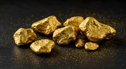 Shiny Gold Nuggets Scattered on Dark Textured Surface with Glittering Dust