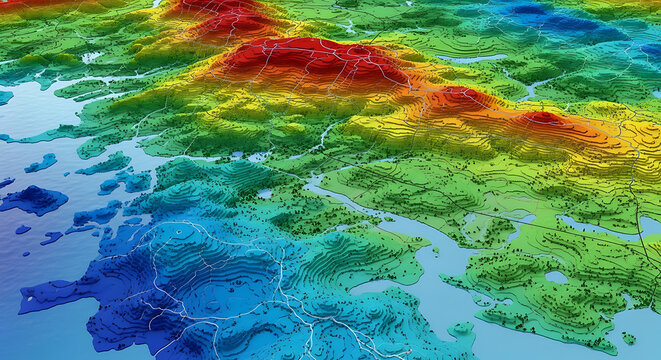 Vibrant digital elevation model showcasing the topography of a coastal landscape with mountains and islands