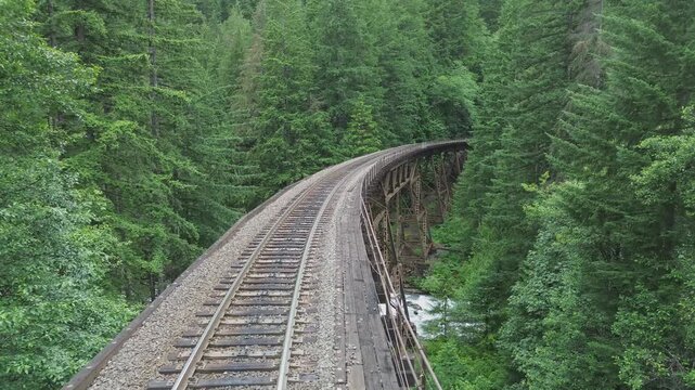 Foss Creek railroad bridge in Washington. Flight travels along the bridge deck, featuring the surrounding forest. Bridge is an active railroad.