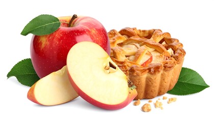 A vibrant red apple with a slice next to a small apple pie and greenery on white backdrop
