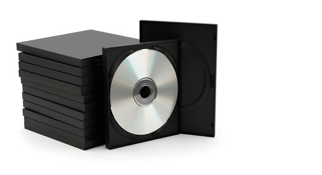 Stack of Black DVD Cases with One Open Case and Disc