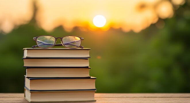Stack of Books with Glasses at Sunset, Outdoor Education Concept