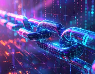 Illuminated Chain Links Against a Binary Code Backdrop in Blue and Purple Tones Depicting a Connection in a Digital Network for Financial Technology