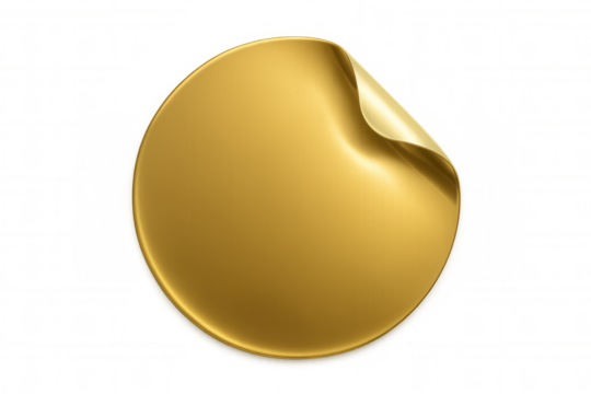 Golden round sticker or label with a peeled corner, shiny blank metallic design on transparent background