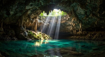 Naklejka premium Stunning Cave Interior with Crystal Clear Turquoise Water and Sunbeams