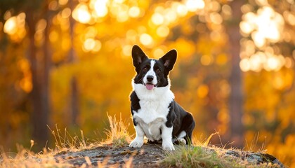Adorable black and white dog sits outdoors with autumn foliage