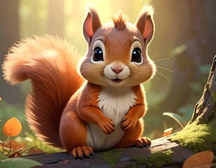Adorable cartoon squirrel with a bushy tail, smiling in a forest