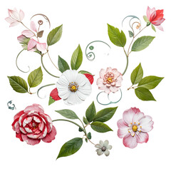 Diverse floral arrangement with delicate petals and lush leaves.