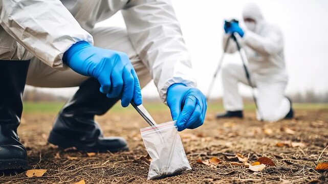 Crime scene investigation: forensic expert collects crucial evidence. Scientist in protective suit, blue gloves, carefully bags soil samples as colleague documents the scene.