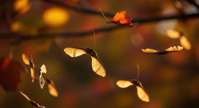 Autumn Maple Tree Seeds Spinning in the Sunlight.