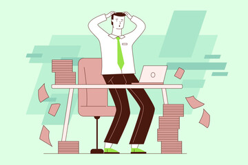 Stressed business person sitting at desk piled with paper while working on laptop. Overwhelming workload in modern office environment concept