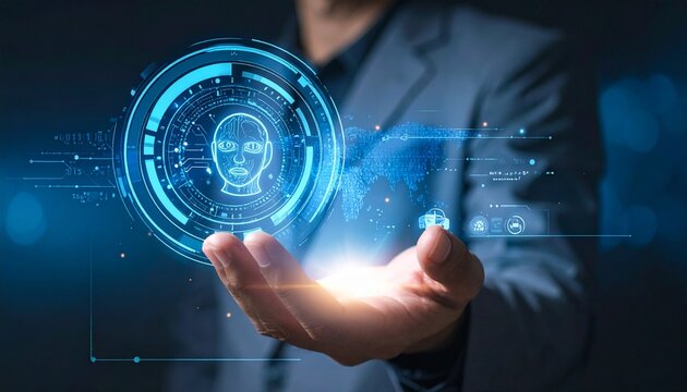 AI generative concept with programmer hand holding virtual command interface of machine learning to analyse data image generate and service chat bot in cyber system