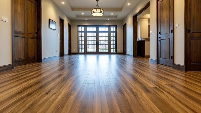 Empty room showcasing new hardwood flooring, brown paneled doors, and large windows bringing in natural light, ready for home staging