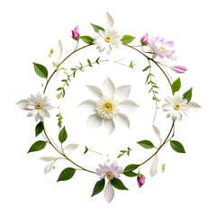 Delicate white flowers and green leaves form a circular garland.