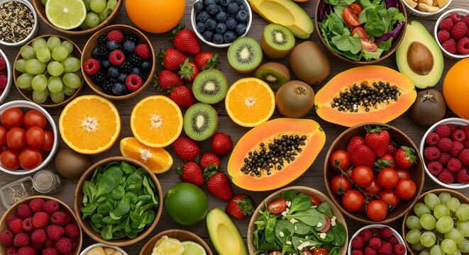 Vibrant Assortment of Fresh Fruits and Vegetables - Powered by Adobe