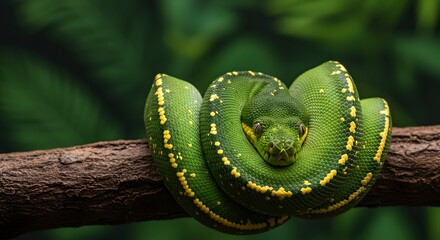 Vibrant Green Tree Python Coiled on a Branch with Yellow Spots