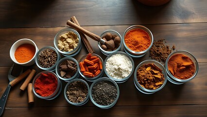 An artistic arrangement of spice cups on a wooden table from an overhead perspective.