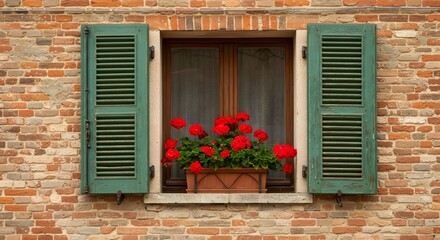 A window with open green shutters and red flowers in a brick wall facade