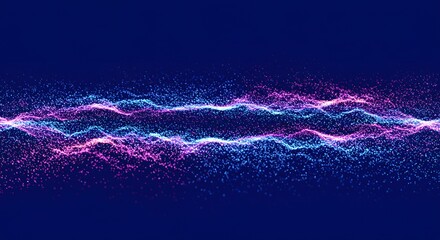 Abstract particle streams of pink and blue light, wavy against dark blue background