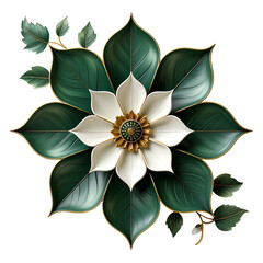 Ornate white flower with green leaves and gold accents on black.