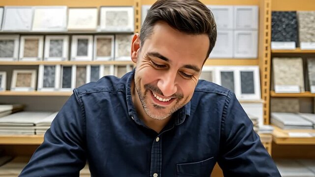 Smiling man writing down choices, planning interior design while looking at natural stone tile samples in a retail store