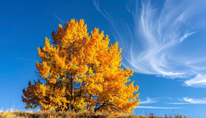 A vibrant, yellow tree with a striking blue sky and wispy clouds