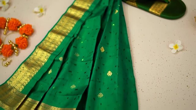 Green silk saree with gold borders,  accessories laid out