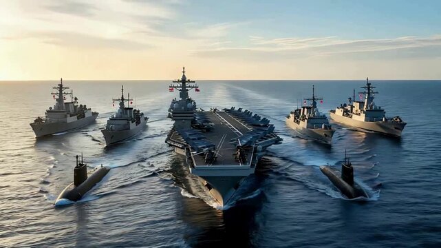Magnificent navy fleet sailing powerfully on the ocean at sunset, showcasing strength and military might, ideal for defense and patriotic themes