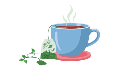 A steaming cup of herbal tea in a blue mug with a tea bag steeping.
