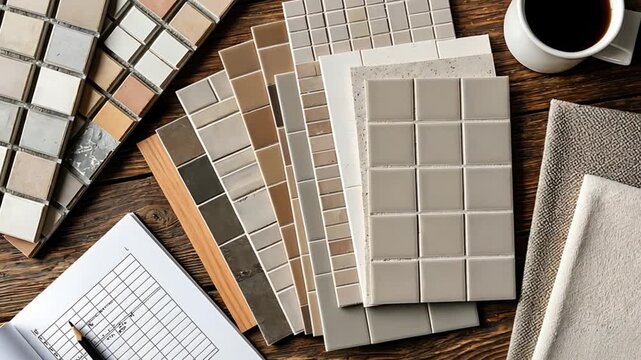Tile samples, notebook, and coffee cup on a wooden table, representing home renovation and interior design planning