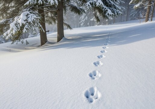 The clear tracks of a mountain hare in fresh, clean snow in a winter coniferous forest. A wild animal's leaping trail in the wilderness