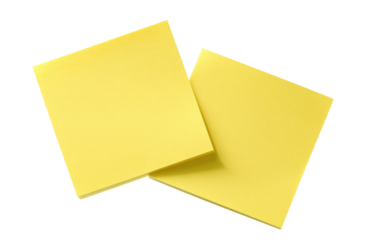 Two bright yellow blank sticky notes placed on a dark surface ready for your messages