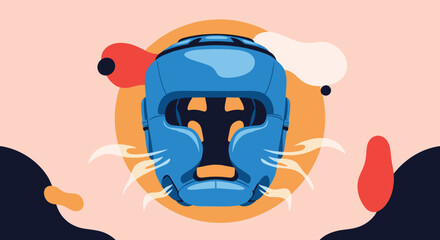 A blue boxing headguard is depicted with stylized orange lines representing heat or sweat emanating from it against a warm peachy background.