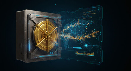 Protecting Digital Assets A secure financial vault combined with a futuristic holographic data display, symbolizing robust cybersecurity and modern investment strategies