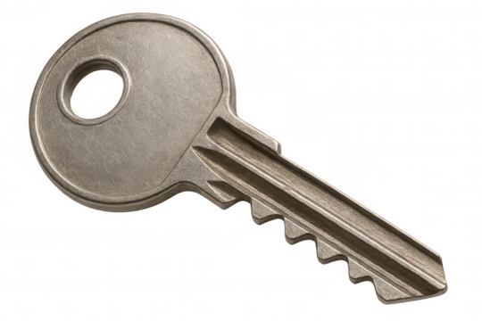 Metal door key unlocking security, access, and property solutions with transparent background