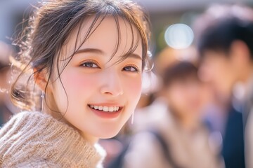 キャンパスで仲間と談笑する日本人の女子大生