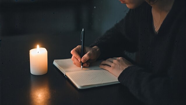 A person writes in a notebook by candlelight in a dark room