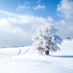 A snow-covered landscape with a tree and a trail under a blue sky