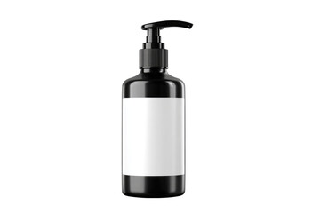 Fototapeta premium Sleek black pump dispenser bottle with blank white label for product branding and packaging mockups