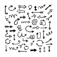 Collection of hand drawn arrows in various styles and directions on a white background illustration