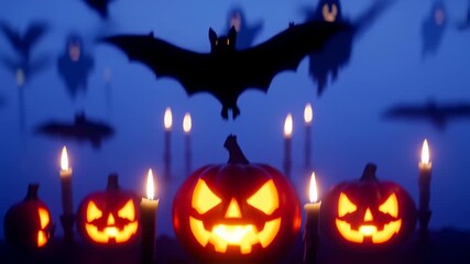 Halloween display with carved pumpkins, bats, and candles in a twilight scene - Powered by Adobe