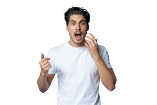 surprised man pointing to something. isolated on white background.