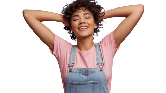 happy woman smiling with hands behind head on white background.