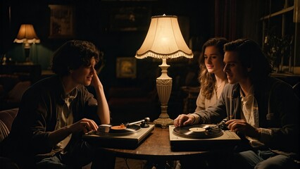 Three individuals sit at a table operating record players illuminated by a central lamp